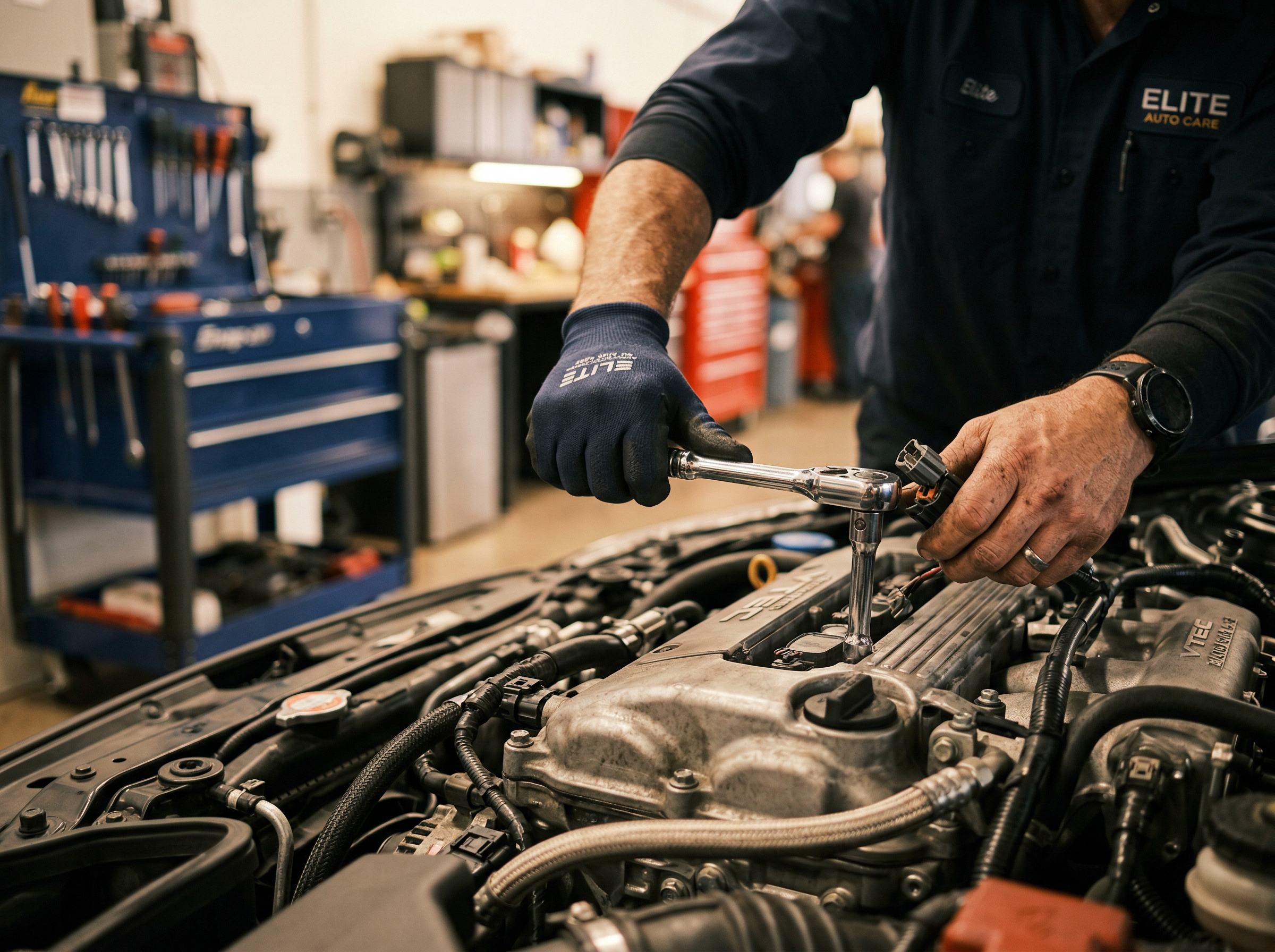 Momentum Auto Repair mechanic working on a vehicle engine